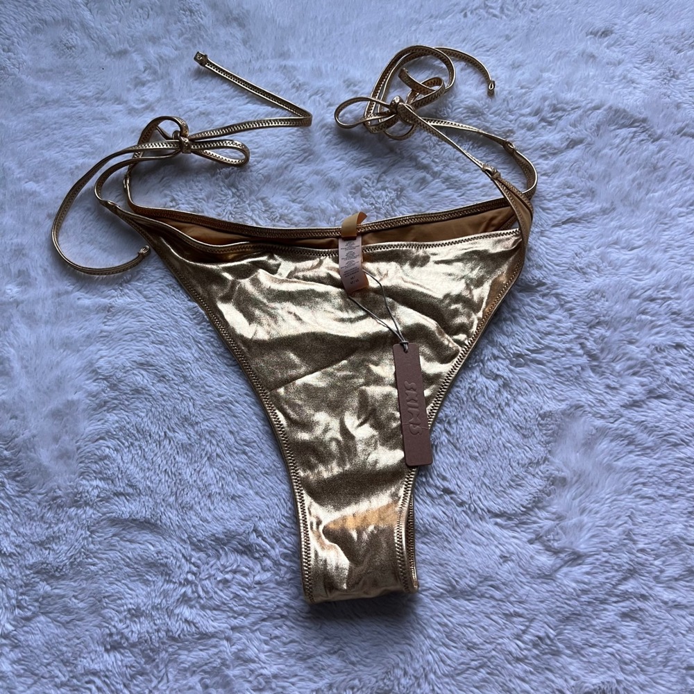 SKIMS Metallic Swim Tie Bikini Bottom Gold BB-TNG-2804 4X Liquid Gold Shiny Glam